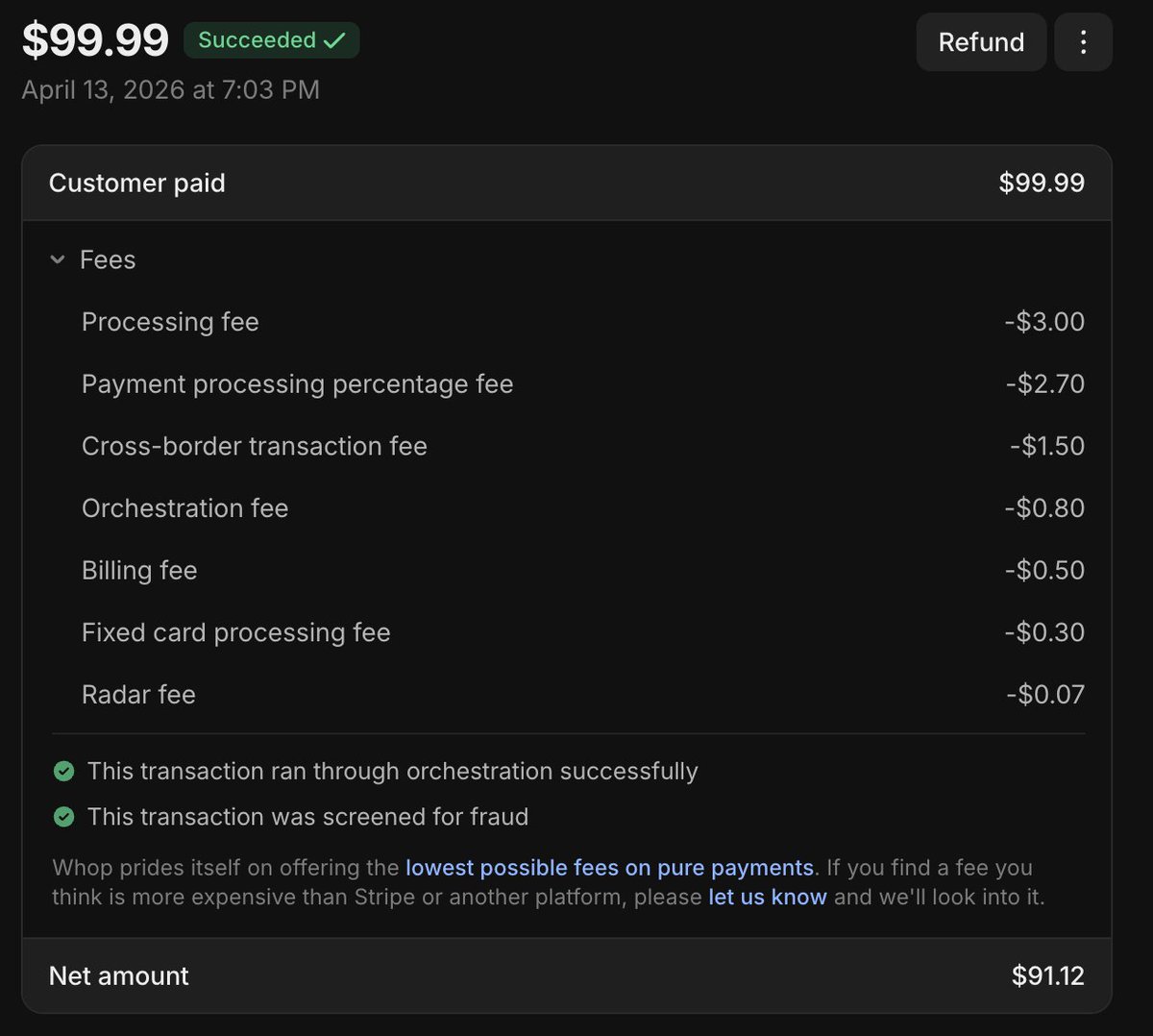 soumilelevates's tweet photo. If you use whop to process payments, you can:

- Half your processing fees
- Double your conversion rate
- Increase revenue by 10%

In like less than a minute

1. Processing fee hack

Have a look at the two attached screenshots, both are $99.99 payments

In the first one, I paid 3.5% fees (plus orchestration, more on that later)

In the other one, I paid 3% extra on top because of something called "platform fees"

This bullshit is charged when you add crap like telegram, discord or automation app in your whop

If you use whop just like a payment processor like me, avoid hosting these apps there

For automations, build something simple using n8n or vibe code a solution using their api/webhooks

2. Conversion rate hack

If you send a whop checkout link, the user has to complete OTP verification 

This drops conversions due to friction

If you embed the checkout on your site or app, this is skipped and it works normally like Stripe checkout

Just give this link to an ai to add checkout to your app or embed it - https://t.co/LnmSrQkBaE and https://t.co/xdhsFhbBjw 

It looks much better too (you can pre fill email + address to reduce friction even further)

3. Revenue collection hack 

Whop added orchestration, basically they use different processors to collect cash on your behalf

More processors = higher authorisation rate = more profit

0.8% extra fee is worth it in my opinion

Enable it by going to Settings -> Checkout

This is not a paid post btw, just sharing after using them for a month. It's not perfect but their auth rates are better than everything I tried like @stripe 

All payment processors are great except @dodopayments, bunch of indian scammers with a 0% auth rate who steal your money