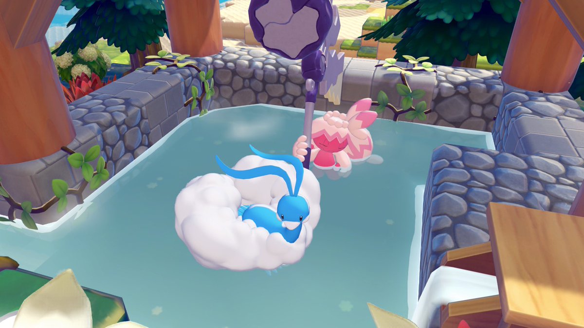 私はポケモンが温泉に入っているのが好きすぎてXで検索しちゃうレベルなのですが、たまになぜ寄ってこない？と悩まれてる方がいるので
①ゆぐち(画像のラプラスの息がかかってる道具)を置く
②浅い温泉を作る(お湯をはきだす際はZL＋↔︎で水位変更可)
で解決することが多そうです🫡
#ぽこあポケモン