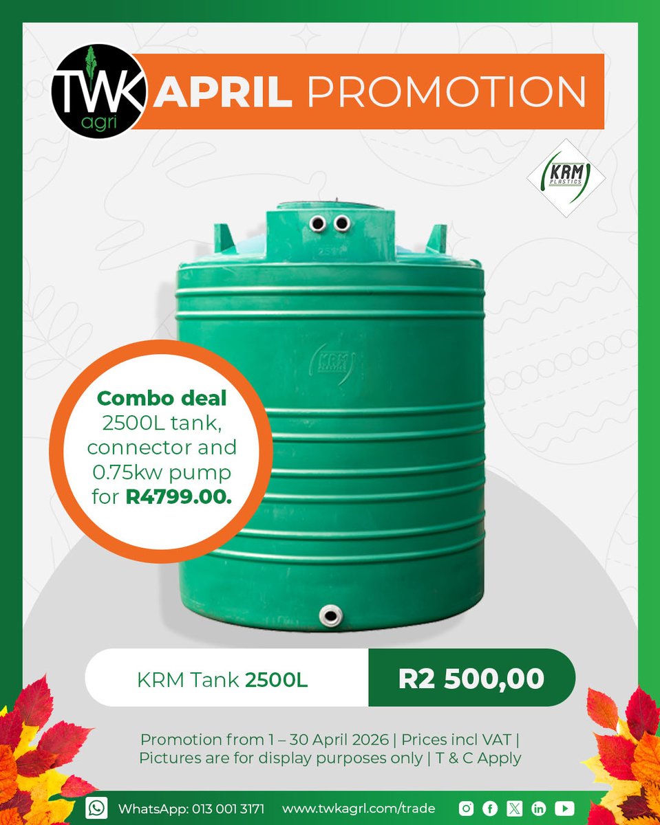 TWK_Agri's tweet image. Enhance your water storage capacity 💦 

The 2500L tank, connector, and 0.75kW pump combo is now available for R4799, including VAT.

📍Visit your nearest TWK retail branch for this limited-time offer - twkagri.com/trade

#TWKAgri #AprilPromo #WaterSolutions