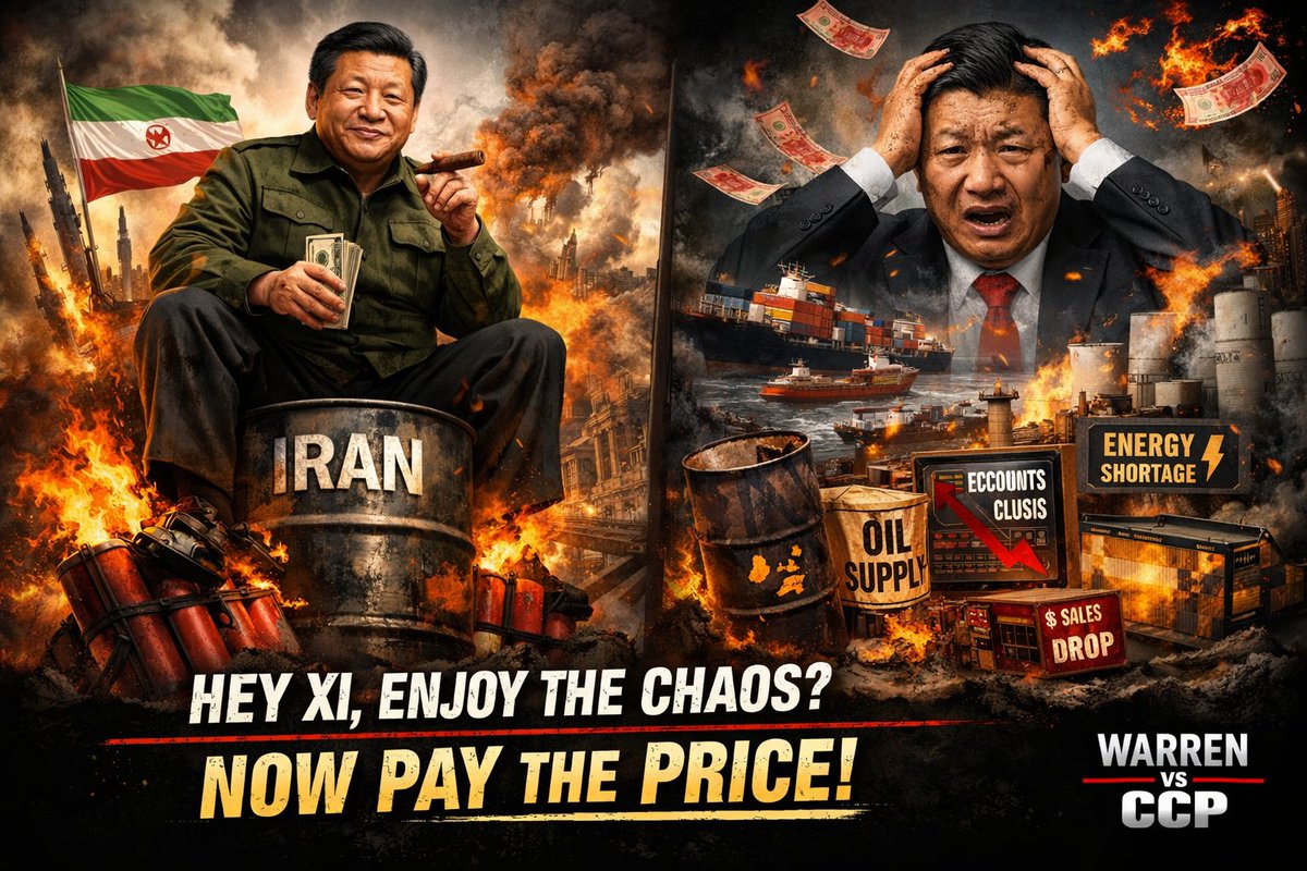 WarrenVsCCP's tweet image. China 🇨🇳 spent years building ties with Iran—now it’s paying the price.  

The same conflict Beijing 🇨🇳 pretends to lecture about is hitting its own economy: exports are slowing, energy supplies are disrupted, and global demand is weakening.  

You don’t get to fuel instability