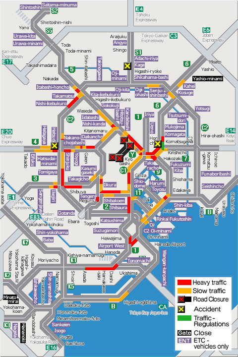 shutoko_EN's tweet photo. This map shows the traffic conditions as of  6 p.m. on the Metropolitan Expressway. For more information, please see the following link.
#Shutoko
https://t.co/cIezY4a0MV https://t.co/fi2lsWvMOh