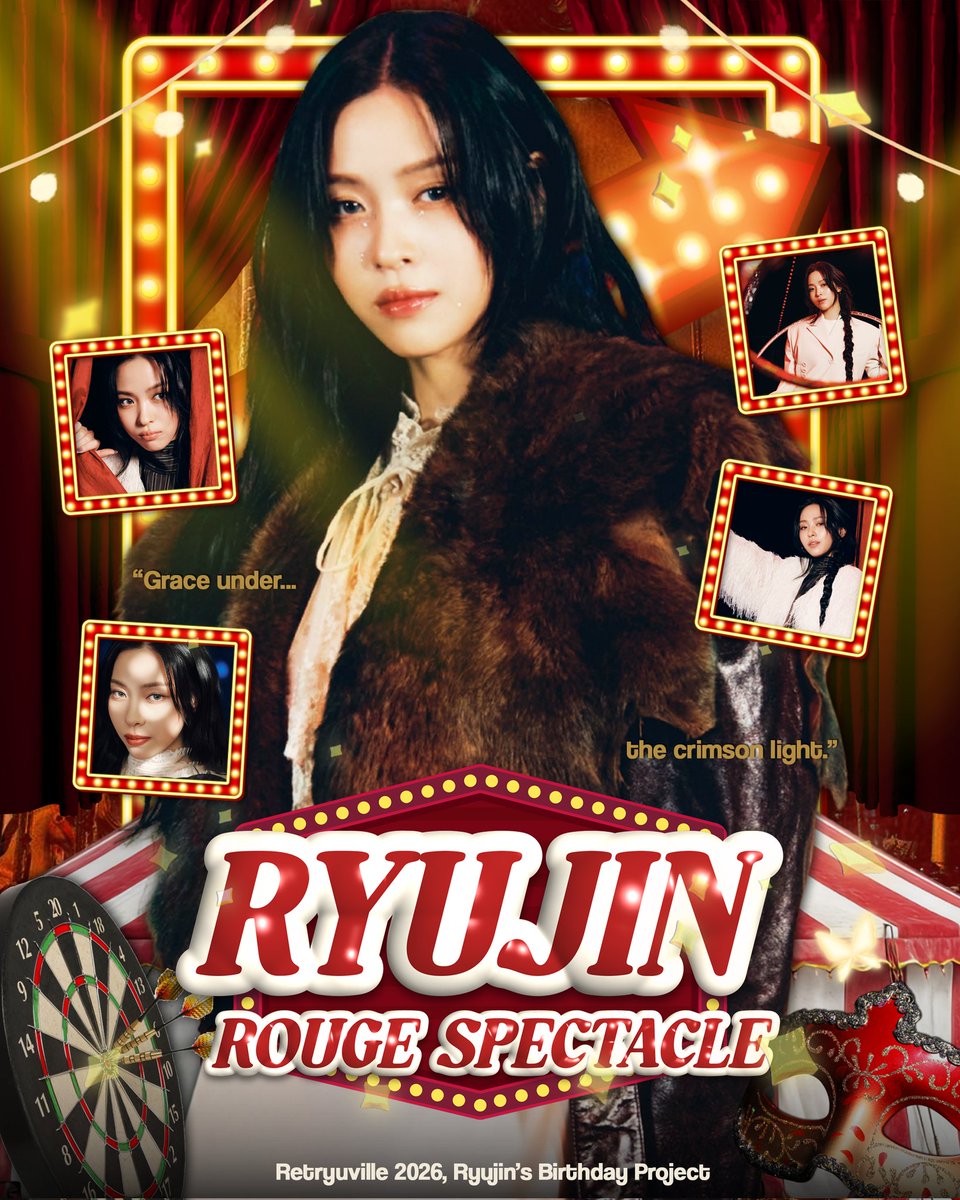 ㅤ
🎪 Curtains rise as lights shimmer and frames dance around the stage, painting a night full of charm. It’s a celebration as 𝗥𝗬𝗨𝗝𝗜𝗡 𝗥𝗢𝗨𝗚𝗘 𝗦𝗣𝗘𝗖𝗧𝗔𝗖𝗟𝗘 arrives. At the center, she shines effortlessly, commanding the stage with crimson elegance and allure. ✮
ㅤ