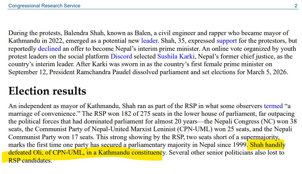 जुन अमेरिकी रिपोर्टको हवाला दिँदै मिडियाहरुमा धमाधम समाचार आइरहेको छ, त्यसमा बालेनले काठमाडौँको निर्वाचन क्षेत्रबाट ओलीलाई हराएको कुरा पो लेखिएको रहेछ 😂🤣congress.gov/crs_external_p…