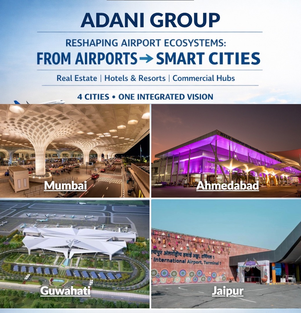 Nitishvkma's tweet image. Adani’s Airport Ecosystem Strategy Targets Multi-Sector Growth

#Adani’s airport network is no longer limited to aviation infrastructure.

Across four major cities, the group is integrating hotels, commercial hubs and real estate to capture the full economic potential of growing