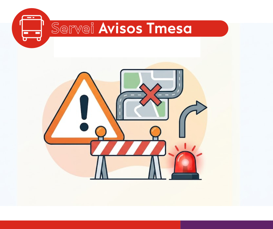 tmesa_bus's tweet photo. 🔔🚍 Consulta els Avisos a https://t.co/xzunMRzEE0 i estigues al dia de possibles incidències, desviaments o canvis en el servei. Planifica els teus desplaçaments amb antelació i viatja sense sorpreses! ✨📲 #TMESA #BusTerrassa #Avisos #Mobilitat #TransportPublic https://t.co/ktwRqWVmqA