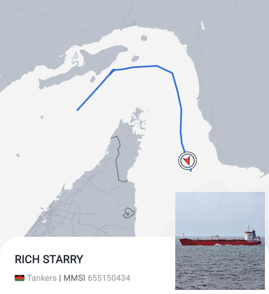 FLXIntel's tweet photo. Kpler data shows the Malawi flagged tanker Rich Starry departed Sharjah in the UAE fully loaded, turned back yesterday, and resumed its voyage today. It is now in the Gulf of Oman en route to China.

The vessel has successfully transited the Strait of Hormuz. https://t.co/WMMPKUpq4V