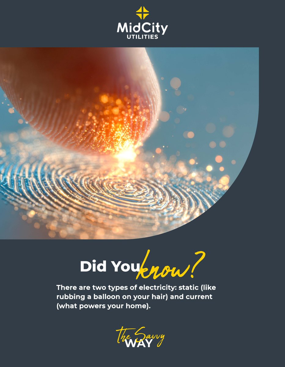 UtilitiesMC's tweet photo. Did you know that there are two types of electricity: static (like rubbing a balloon on your hair) and current (what powers your home).

CONTACT US:
Tel: +27 (12) 426 3400
Email: info@midcityutilities.co.za

#MidCityUtilities #YourPropertyPartnerForLife #ElectricityManagement https://t.co/0QwSFR6dop