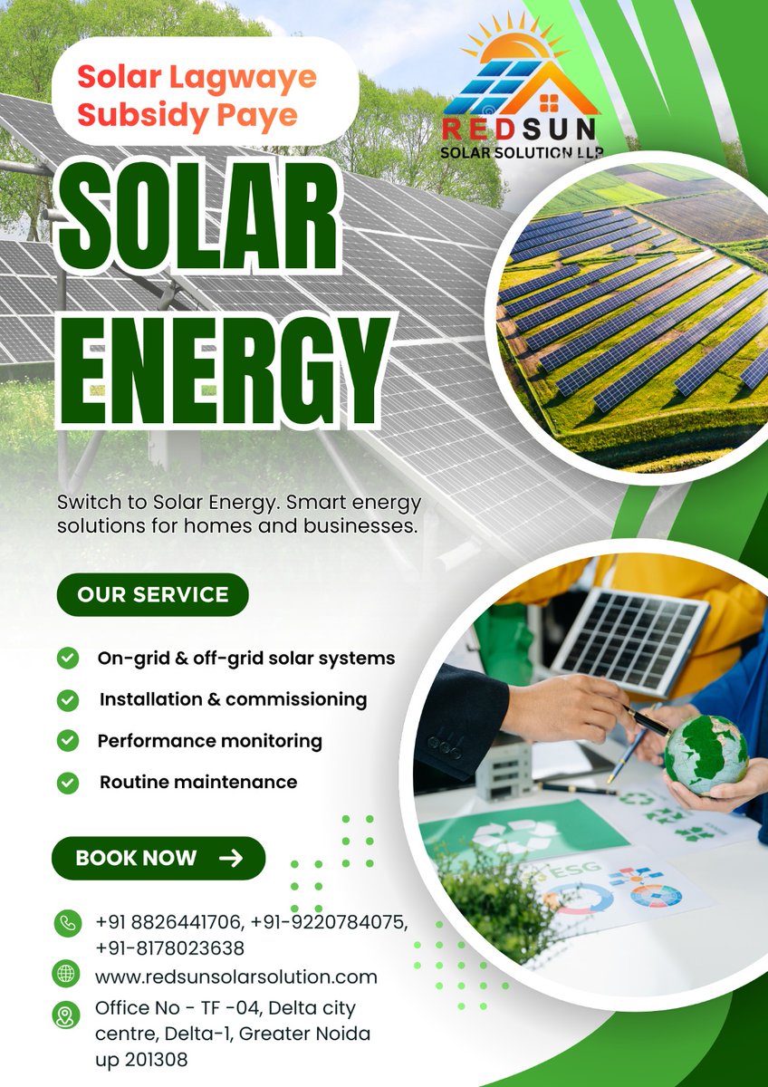 RSolar656's tweet image. Go solar with smart energy solutions ☀️

On-grid &amp;amp; Off-grid systems with installation, monitoring &amp;amp; maintenance by Redsun Solar Solution.

📞 +91 8826441706, +91-9220784075, +91-8178023638
🌐 redsunsolarsolution.com

#SolarEnergy #CleanEnergy #EcoFriendly #RedsunSolarSolution