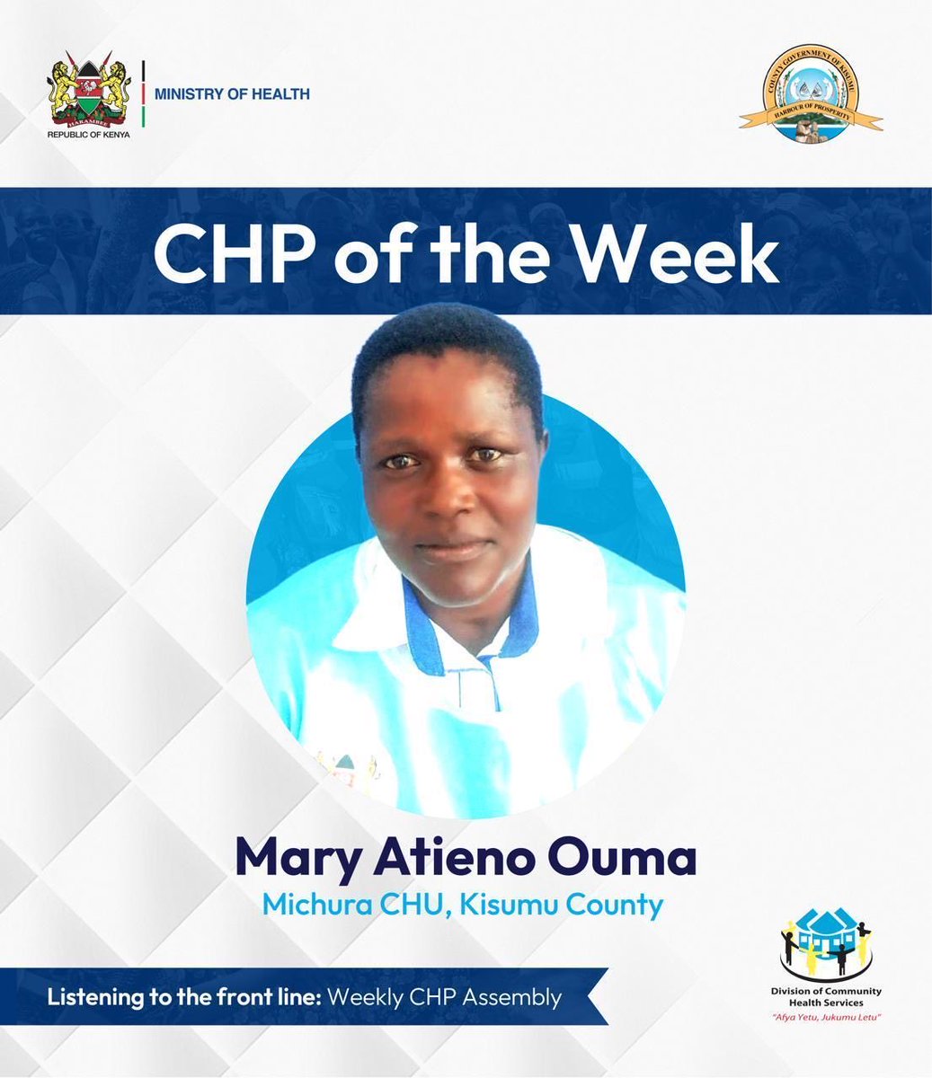 CHS_Kenya's tweet image. 🌟 CHP of the Week

Congratulations to Mary Atieno Ouma (Michura CHU, Kisumu County)!

This recognition celebrates the dedication of Community Health Promoters at the frontline, strengthening Primary Health Care every day. 

#CHPOfTheWeek #CommunityHealth #PHC #FrontlineVoices