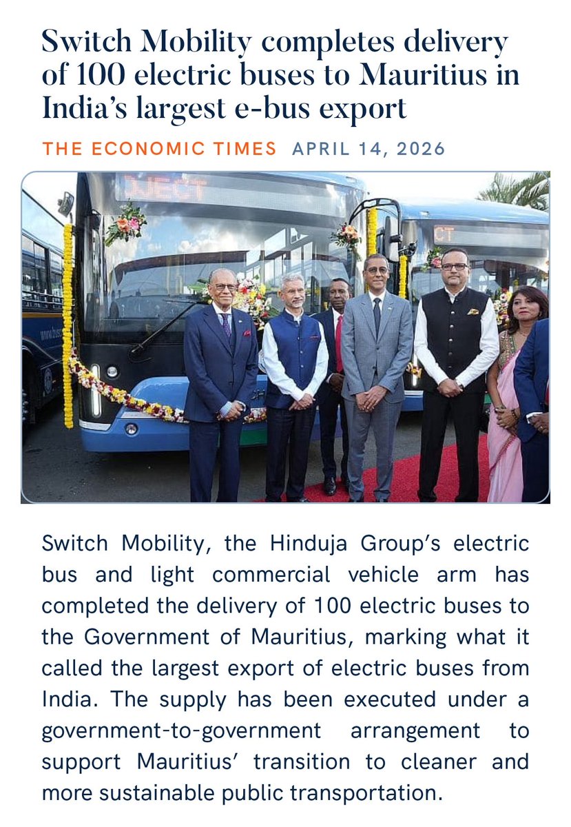 zahidpatka's tweet image. 🇮🇳➡️🇲🇺 #MakeInIndia for the World!
Switch Mobility completes delivery of 100 electric buses to Mauritius in India’s largest e-bus export 🇲🇺 
Kudos PM @narendramodi
Built in Chennai, these EV buses bring world-class comfort, safety &amp;amp; performance🚌
auto.economictimes.indiatimes.com/news/commercia…
@PMOIndia