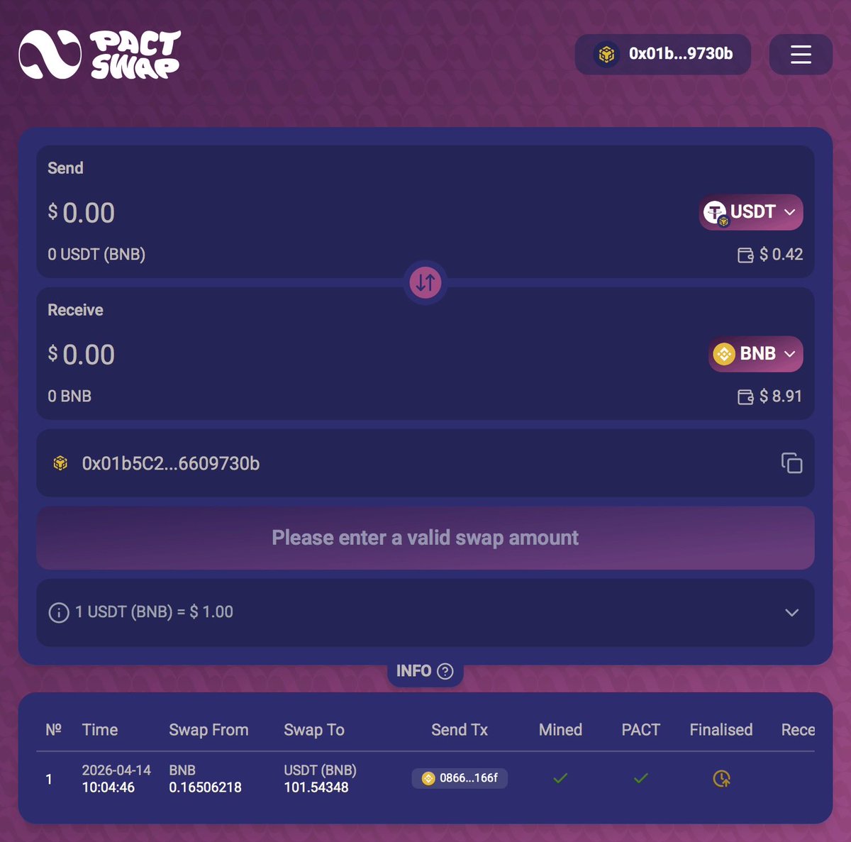 CBCrypto111's tweet photo. My experience using Pact Swap @Pact_Swap π
Super simple flow:
Connect β Swap β Confirm
What I like most:
No clutter, no confusion, just a clean and reliable swap experience.
#SwapperBragger #Pactswapper https://t.co/RtQdgdOka3
