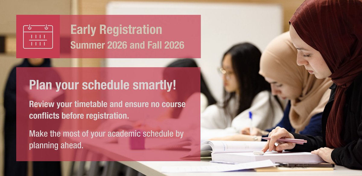 QUStudAffairs's tweet image. 🗓️✔️ Today’s Early Registration Tip:
Plan your schedule smartly! Make the most of your academic schedule by planning ahead.

#QatarUniversity #StudentAffairs #EarlyRegistrationTips