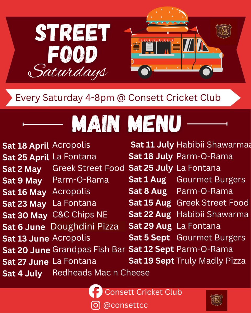 consettcc's tweet photo. Our weekly food vendor line up for the 2026 season. All are welcome and encouraged to come along, our bar is open and hopefully there’ll be some decent cricket taking place on the field too! https://t.co/aXLgP9Cfg3