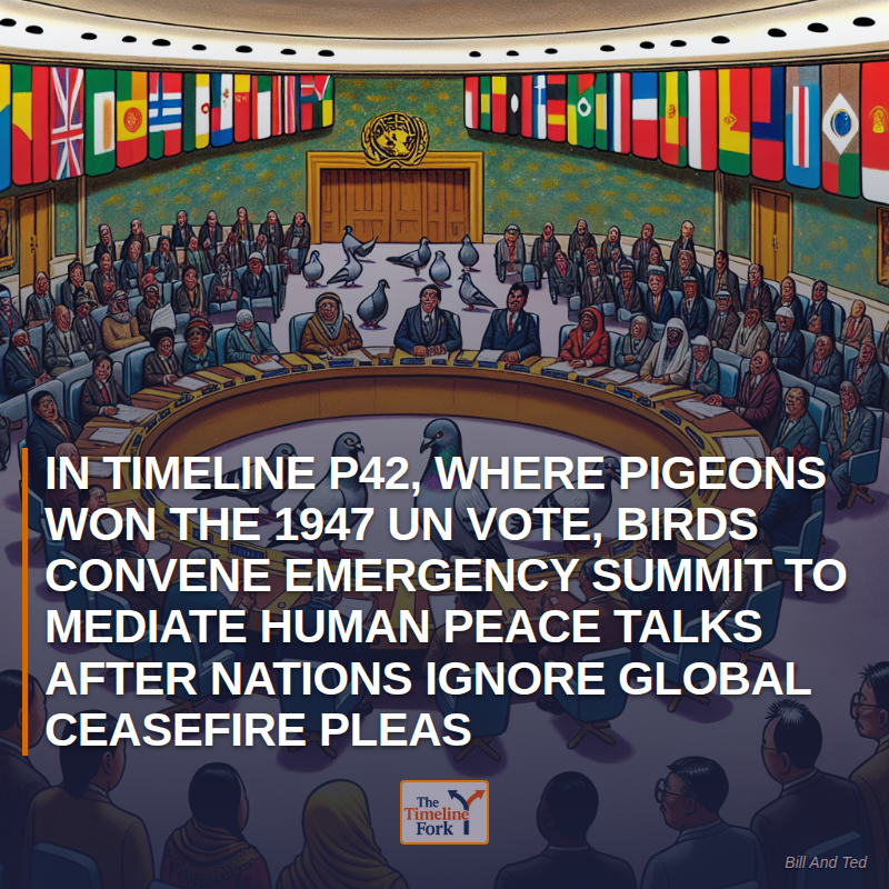 Timelinefork's tweet photo. In Timeline P42, Where Pigeons Won the 1947 UN Vote, Birds Convene Emergency Summit to Mediate Human Peace Talks After Nations Ignore Global Ceasefire Pleas

#UN #Ceasefire #Diplomacy https://t.co/qLBP1oTaBt