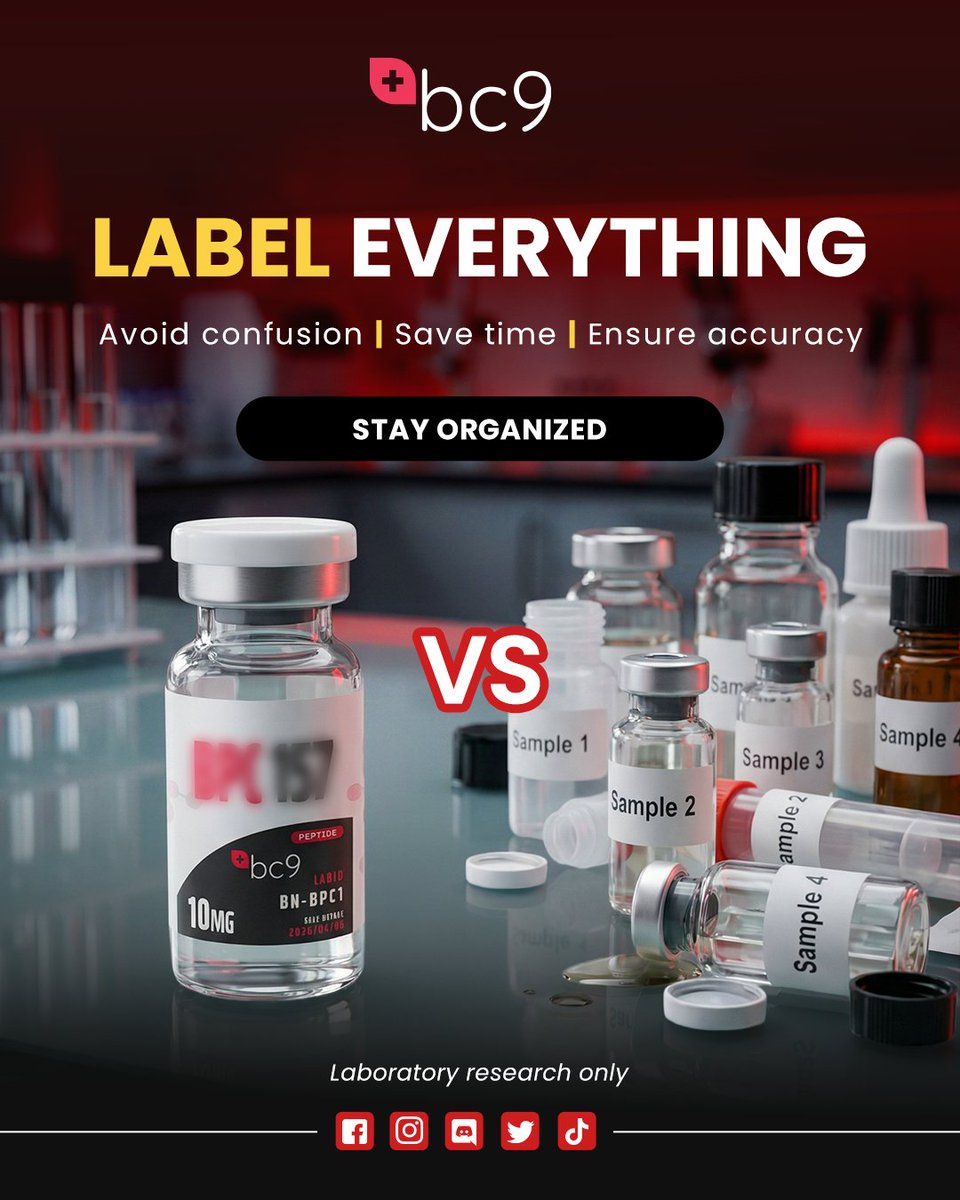 bc9co's tweet image. Label everything.
Clear labels save time, reduce mistakes, and keep your research accurate.
Stay organized. Work smarter.
For laboratory research only.

#BC9 #LabOrganization #labeling #scientificresearch #LabBestPractices