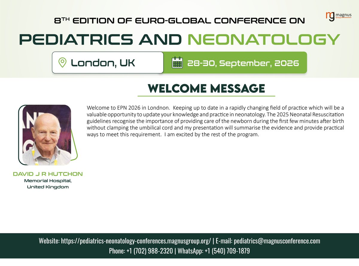 PaediatricsConf's tweet photo. 🎤🎓We are honored to spotlight our Keynote Speaker, @hutchon_j  (Memorial Hospital, UK) at @PaediatricsConf organized by @magnus_group

📅September 28-30, 2026 |📍London, UK &amp; Virtual💻
🔗 https://t.co/hGlaD7uZQt

#Pediatrics2026 #Neonatology #ChildHealth https://t.co/5YklmUxkYj