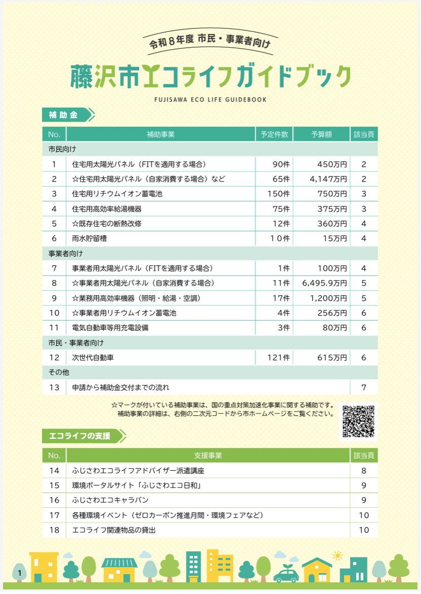 fujisawacitypro's tweet photo. エコな暮らしの決定版！｢エコライフガイドブック｣を公開中🌱

太陽光パネル､電気自動車､省エネ給湯機器等､環境補助制度がこれ1冊に✨環境イベント情報も🎉

おトクに脱炭素を始めるチャンス！
ご自身にぴったりのメニューを探してみてください🔍

https://t.co/waNqaqvKav

#藤沢市 #補助金 #環境 https://t.co/UK2a299sda