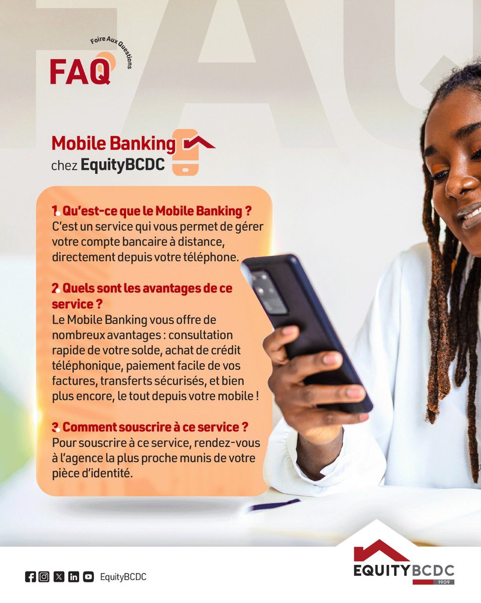 EquityBCDC's tweet image. Avec le Mobile Banking de EquityBCDC, votre banque vous suit partout : consultez votre solde, payez vos factures, achetez du crédit et effectuez vos transferts en toute sécurité.

👉 Passez en agence dès aujourd’hui pour activer le service !

#MobileBanking #EquityBCDC