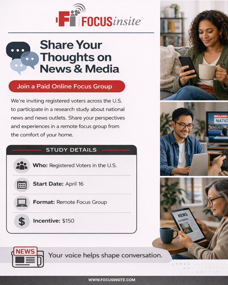focusinsite's tweet image. Share your opinions on current issues, earn $150 

We’re currently recruiting participants across the U.S. for a paid remote focus group about national issues and news outlets.
 
Sign up at: apply.focusinsite.com/s/26-146---Nat… 

#PaidStudy #USANews #FocusGroup