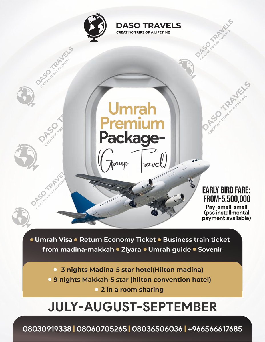 daso_tours's tweet photo. Assalamu Alaikum🤩

@daso_tours is here with your Umrah Basic and Premium Packages🤩🎉
Don’t afford to miss these packages❤️ https://t.co/11ovxiNOE0
