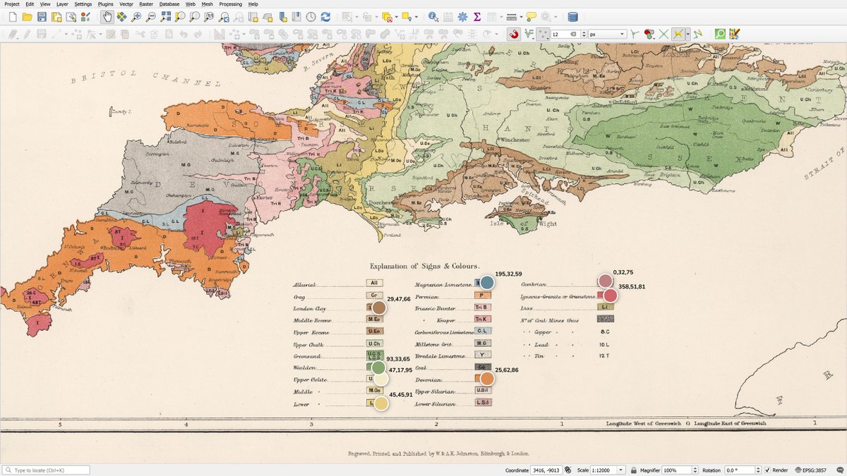 StaridasGeo's tweet image. Sampling #colors from this 1881 #chromolithograph #geological #map. Fascinating how a limited palette creates a vast array of polygon symbols. This is achieved by using repetitive shapes to form patterns, a vital lesson for modern GIS #cartography #QGIS