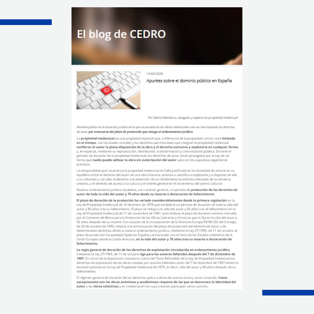 CEDROenlinea's tweet photo. Apuntes sobre el dominio público en España 📚💻
Te lo contamos en el #BlogDeCEDRO ➡️https://t.co/GkUZoAfitx
#PropiedadIntelectual #DerechoseAutor #Obras https://t.co/xToWo51HY9