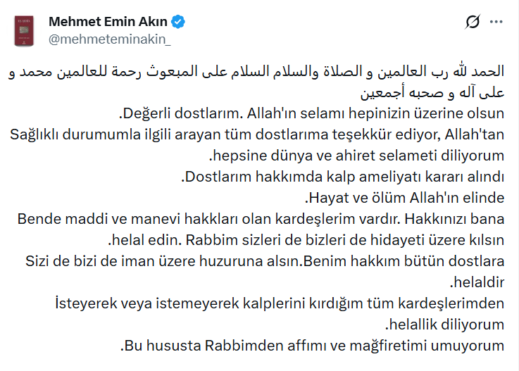 MuslimNewsTR's tweet photo. 🔴 Ocak ayında hakkında ev hapsi kararı verilen Mehmet Emin Akın Hoca, kalp ameliyatına gireceğini açıkladı. https://t.co/wGsZpquCpy