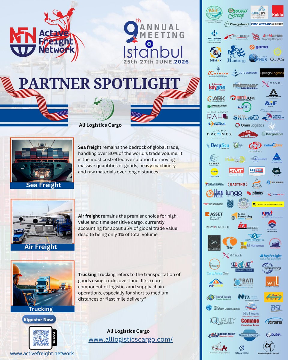 ActiveFreight's tweet image. 🌍 Forwarder in Focus: All Logistics Cargo

Delivering smart logistics solutions across sea, air, and land — ensuring every shipment moves with precision, speed, and reliability.

#FreightForwarding #LogisticsSolutions #GlobalTrade #SupplyChain #AFNNetwork