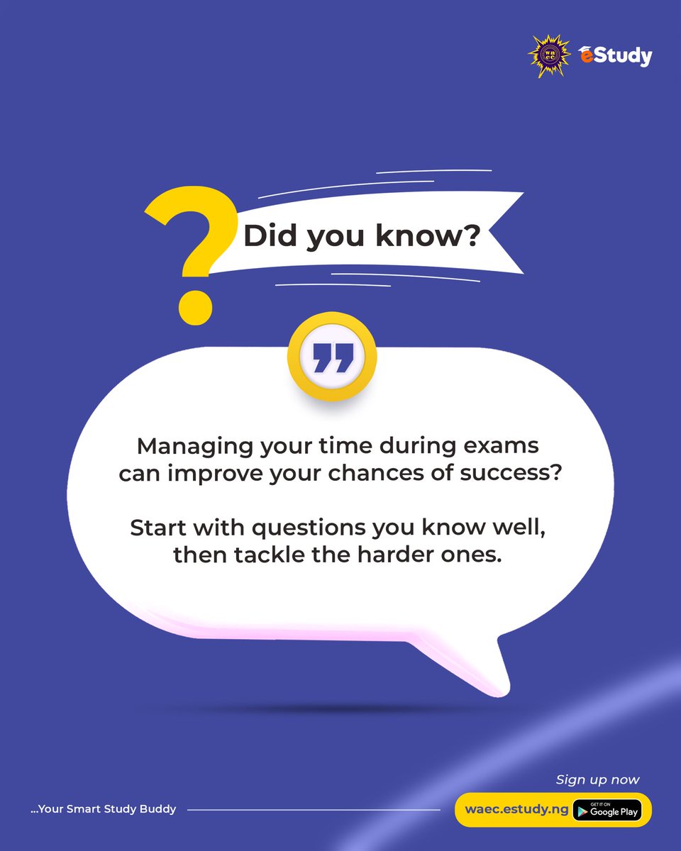 eStudy_ng's tweet photo. Dear Students,

When you’re in the exam hall, manage your time well ⏱️
Start with the questions you know, then come back to the tougher ones. 📝

For access to official WAEC past questions, sign up at https://t.co/CofciLoc6C to get started.

#wassce #waecestudy #studytip https://t.co/5hqkN2ByjO