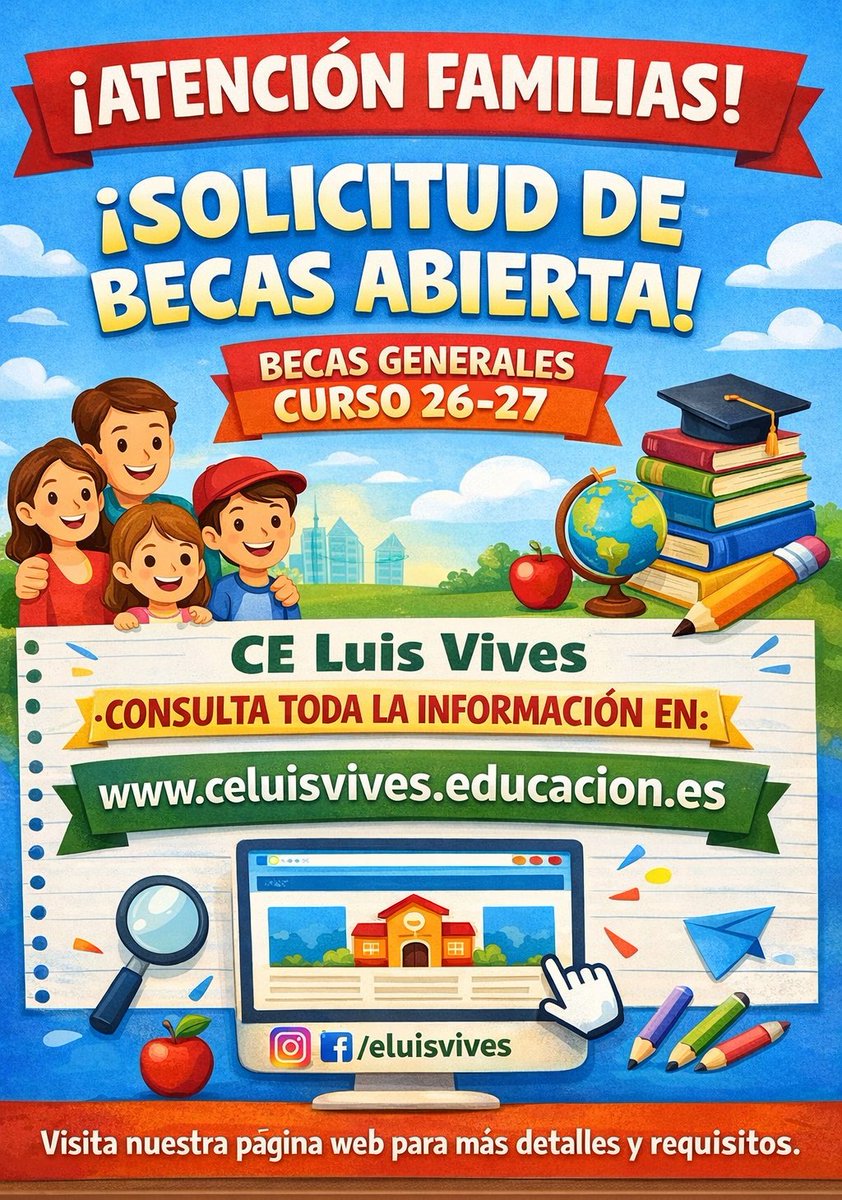 VivesCe's tweet photo. 📢 ¡Atención familias!

Ya está abierto el plazo de solicitud de becas generales para el curso 2026/2027.
Toda la información está disponible en la web del centro:
 https://t.co/78AgBQ4Nem https://t.co/qWVMeaMmzs