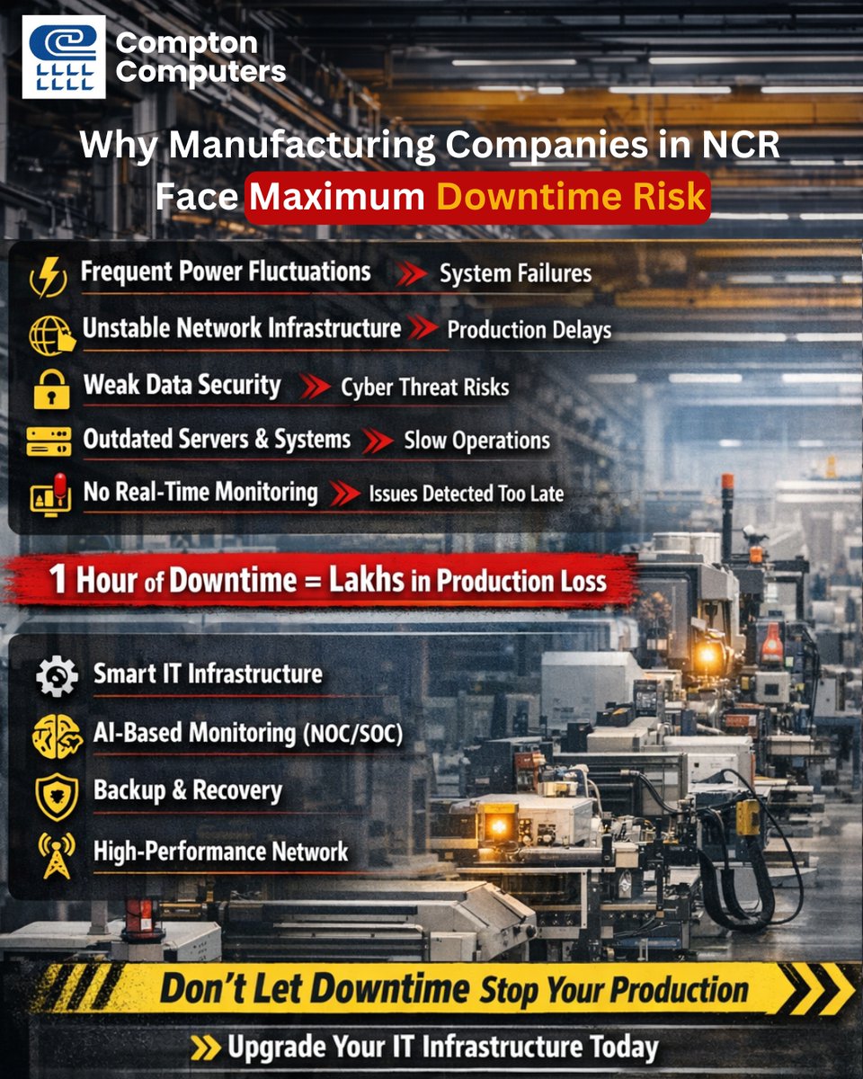 Manufacturing units in NCR are losing productivity not because of manpower… but because of weak IT infrastructure.

At Compton Computers, we help manufacturing businesses build zero-downtime IT environments with smart infrastructure, backup systems, and real-time monitoring.
