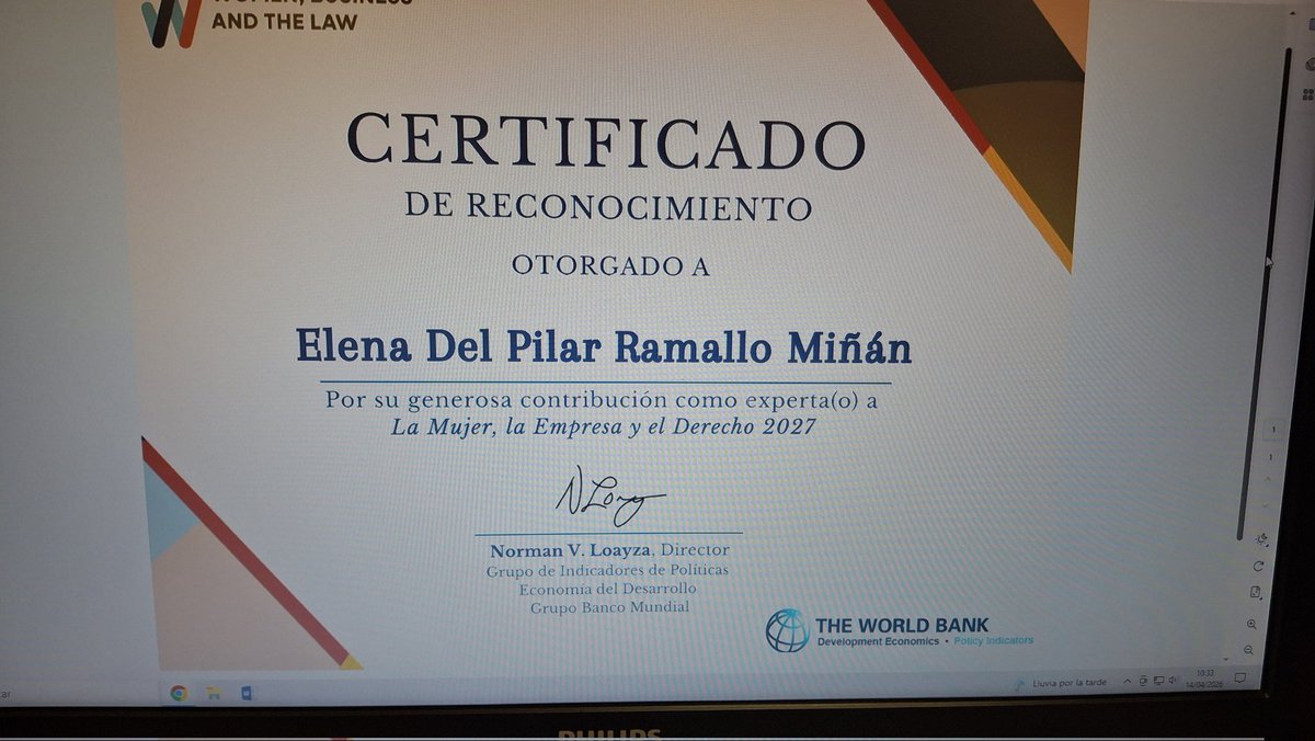 La igualdad es MÉRITO, NO ser "LA MUJER DE"
He sido seleccionada, por segundo año consecutivo y sin ningún tipo de respaldo político ni enchufes, para colaborar en el informe anual del Banco Mundial.

Se trata de un reconocimiento formal a mi aportación técnica en el análisis y