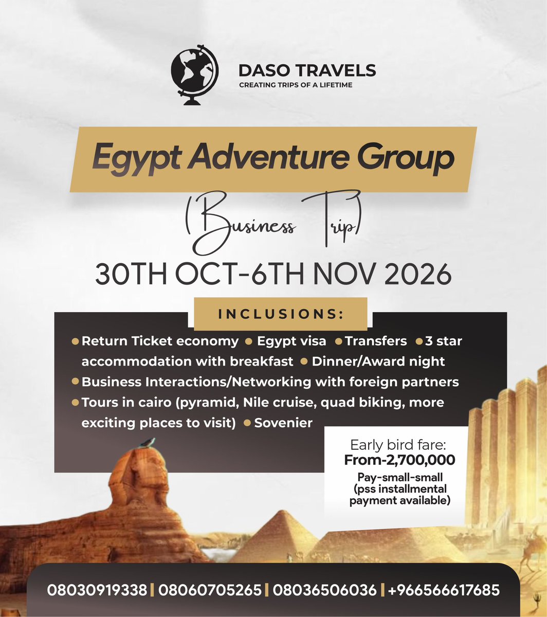 daso_tours's tweet photo. Assalamu Alaikum🤩

@daso_tours  is also here with your September, October and November friendly Umrah Packages and even Egypt Adventure Group😍❤️

Don’t afford to miss it❤️ https://t.co/3f1s8Ih2V2