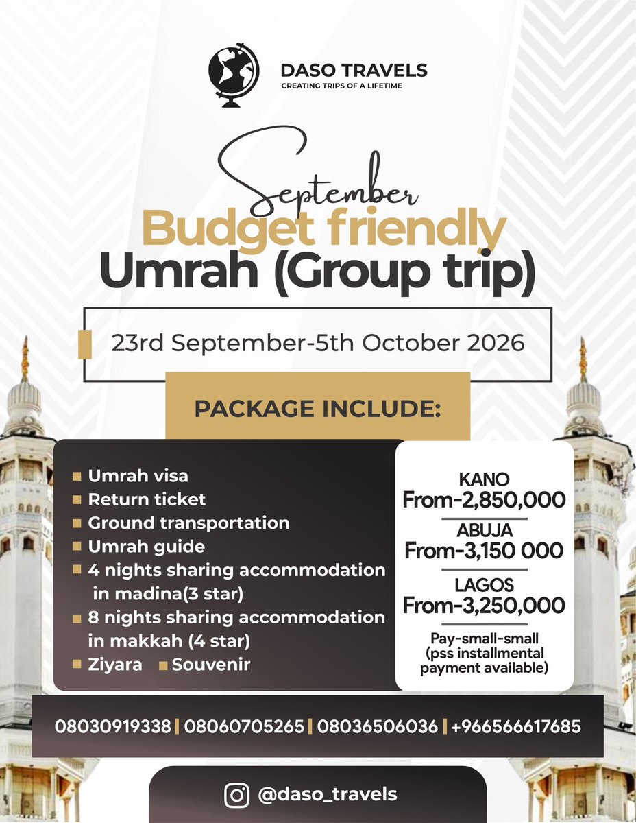 daso_tours's tweet photo. Assalamu Alaikum🤩

@daso_tours  is also here with your September, October and November friendly Umrah Packages and even Egypt Adventure Group😍❤️

Don’t afford to miss it❤️ https://t.co/3f1s8Ih2V2