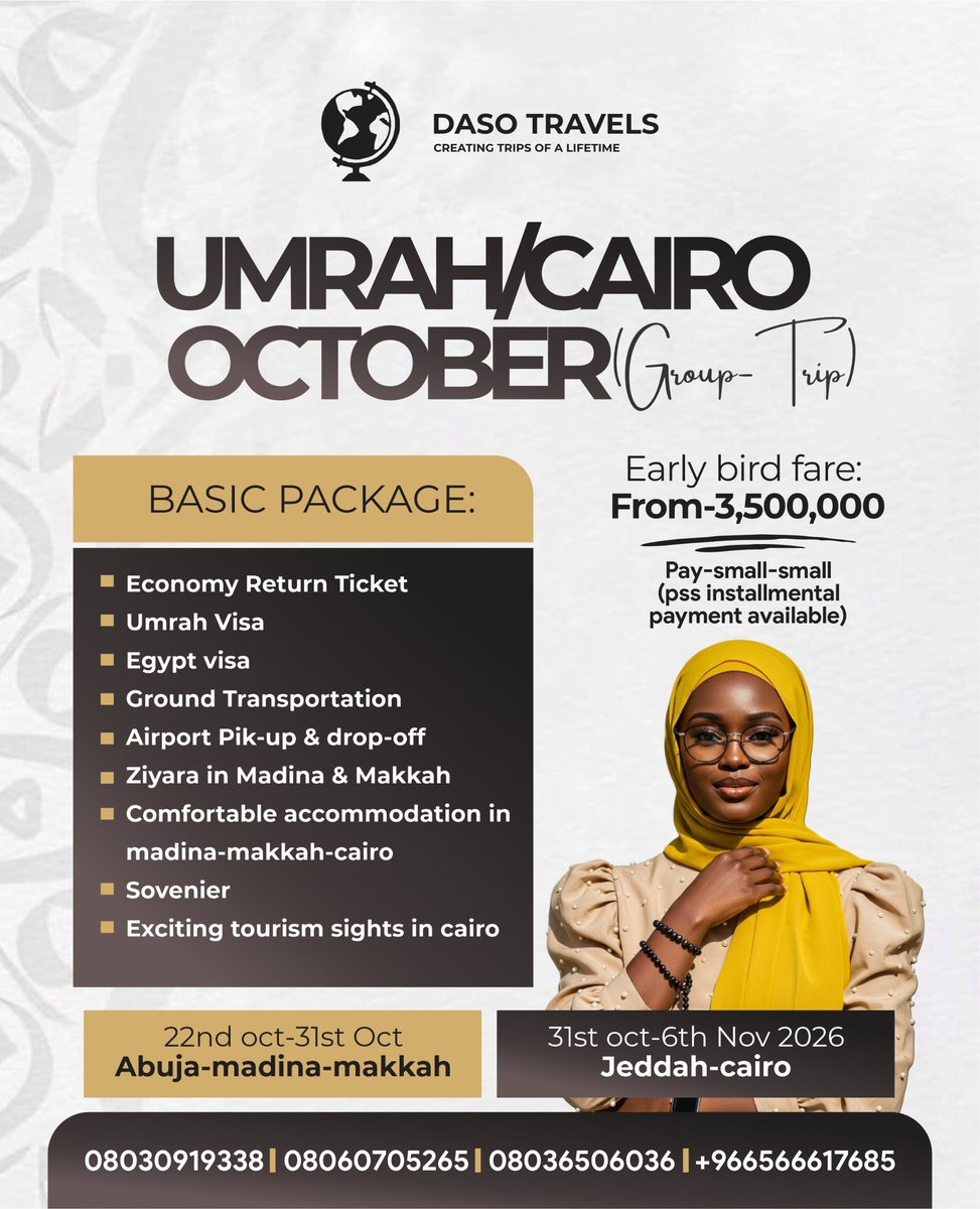daso_tours's tweet photo. Assalamu Alaikum🤩

@daso_tours  is also here with your September, October and November friendly Umrah Packages and even Egypt Adventure Group😍❤️

Don’t afford to miss it❤️ https://t.co/3f1s8Ih2V2