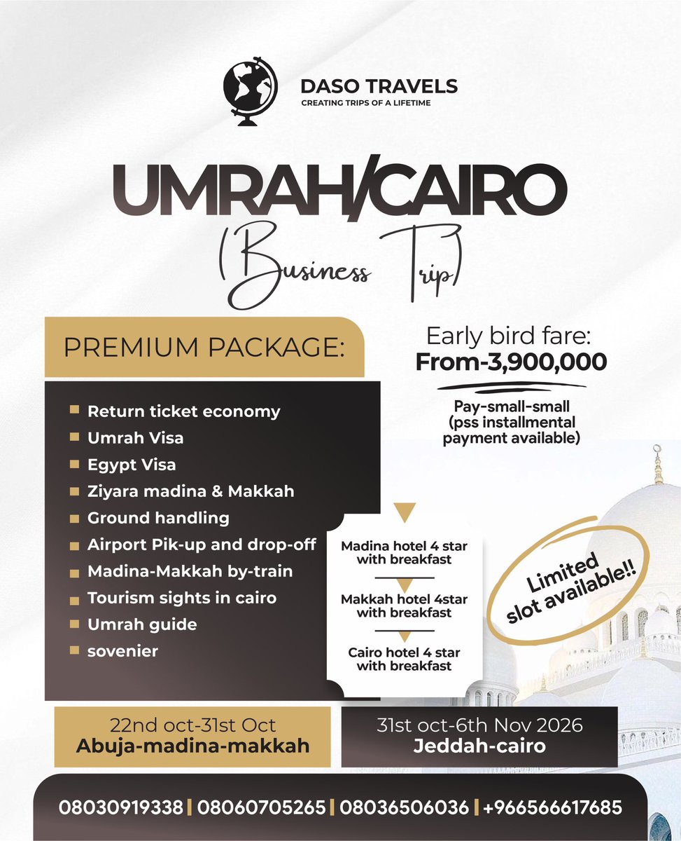 daso_tours's tweet photo. Assalamu Alaikum🤩

@daso_tours  is also here with your September, October and November friendly Umrah Packages and even Egypt Adventure Group😍❤️

Don’t afford to miss it❤️ https://t.co/3f1s8Ih2V2