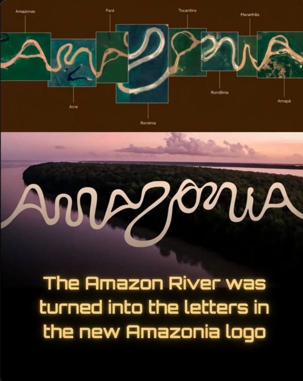 Rainmaker1973's tweet photo. Amazonia’s new logo is turning heads because it was literally built by nature.

Designers turned to satellite imagery of the Amazon River and its vast network of tributaries, searching for natural shapes formed by the winding waterways. What they discovered was an entire alphabet hidden in the landscape.

Each letter in the “Amazonia” logo was carefully extracted from real sections of the river system. Using actual geographic coordinates, the designers traced the curves directly from high-resolution satellite data. These are not artistic interpretations — they are authentic segments of the Amazon, shaped over millennia by water, erosion, and the rainforest terrain.

Spanning more than 9 Brazilian states and containing over 15,000 miles (25,000 km) of navigable waterways, the Amazon basin’s branching rivers twist and reconnect in patterns that remarkably resemble letterforms.

Rather than designing a logo to represent the region, the creators let the region design itself. The result is a stunning, nature-built typeface where every curve reflects the powerful flow of one of Earth’s most complex and vital river systems.
