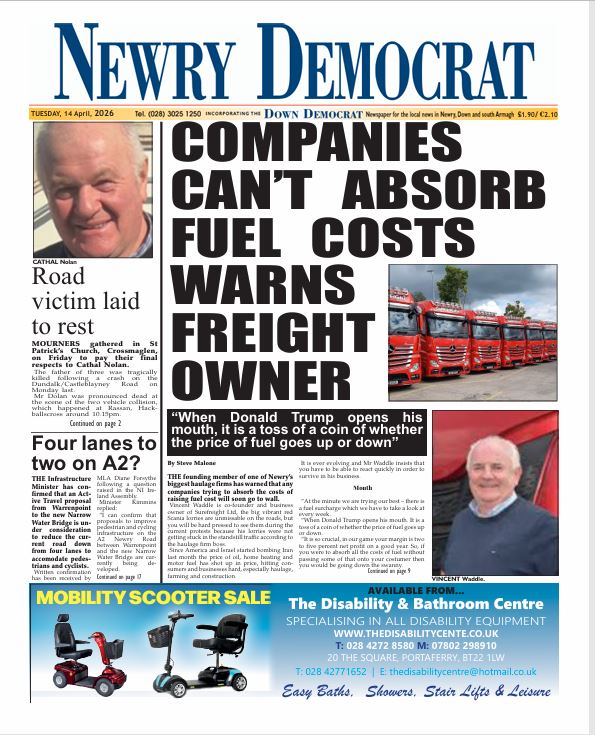 NewryDemo's tweet photo. The Front page of this week's edition of the Newry Democrat. 
 
Available in shops throughout Newry, South Armagh and South Down today https://t.co/GWYStAixEt