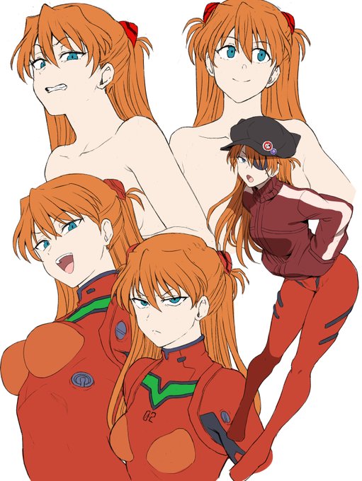 手癖でアスカ描くと性格悪そうな顔のアスカしか出力されない病。 (※右上だけ資料参照しつつ描いてます)