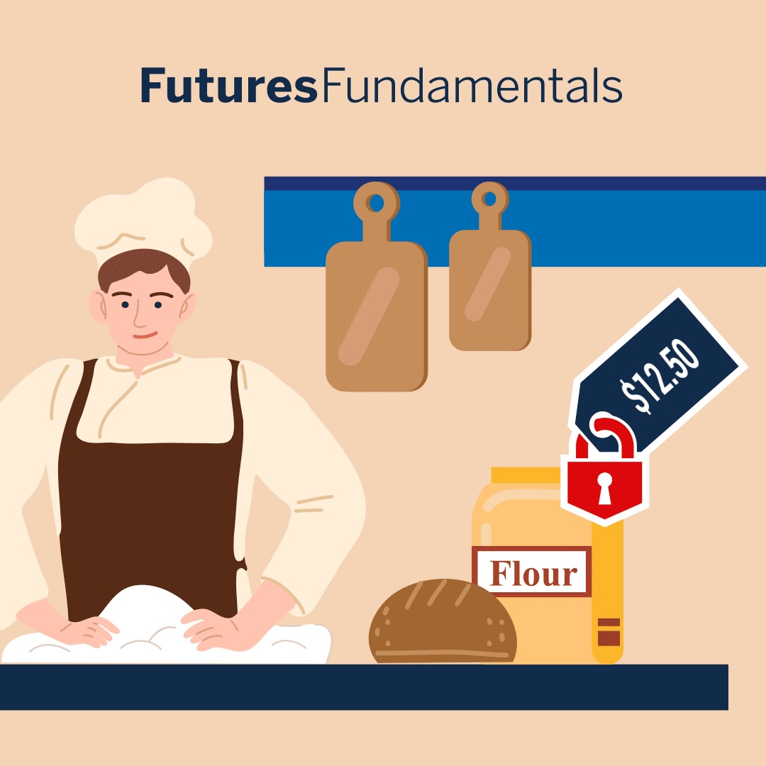 Futures101's tweet photo. Ever wonder how a bakery locks in flour prices months before the bread is even baked? 🥖 By using a futures contract, they agree on a price today to protect themselves from potential market spikes later.
