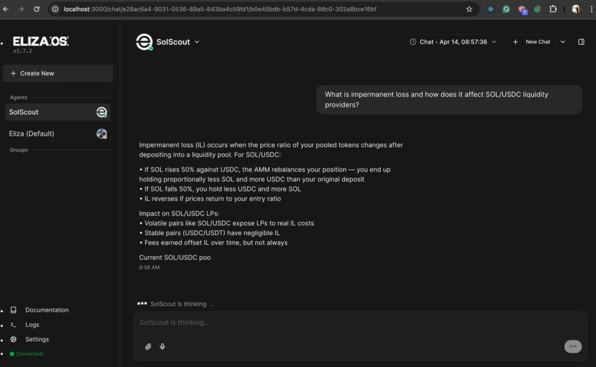 Outstandingvick's tweet photo. I built and shipped SolScout, a personal Solana DeFi intelligence agent built on @elizaOS v2, deployed on @nosana_ai decentralized GPU network.

Ask it anything:
→ Analyze any wallet in plain English
→ Real-time holdings & USD values via @helius_xyz
→ Pool APYs, protocol comparisons, DeFi explainers

No centralized cloud. No dashboards. Just your on-chain data through a conversation.

Built for the @nosana_ai x @elizaOS Builders Challenge 🔨

🔗 (Currently Inactive): https://t.co/0aQh47pDUR

GitHub: https://t.co/eut2ZhZaCe