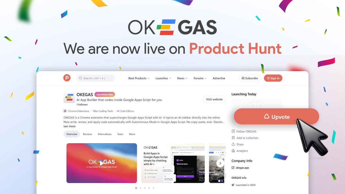 realwahyuputra's tweet image. We just launched OKEGAS on Product Hunt!
It turns Google Apps Script into an AI-powered app builder.  Generate code, build workflows, preview instantly, and ship apps without hosting.

producthunt.com/posts/okegas
#ProductHunt #AItools #GoogleAppsScript #StartupLaunch #ChromeExtension