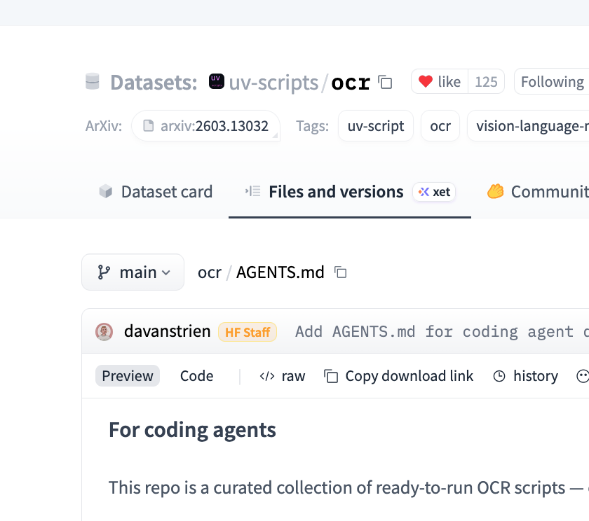 vanstriendaniel's tweet image. 0.3B params. Small enough that your coding agent can OCR a whole dataset, and the bill barely moves.

Just added Falcon-OCR to uv-scripts/ocr. 

`hf jobs uv run` command, bucket or dataset output, AGENTS.md in the repo so your agent figures out the rest.