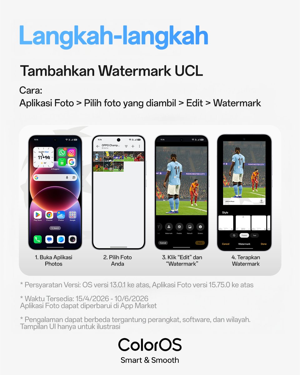 OPPOIndonesia's tweet image. Saatnya dukung tim favoritmu di UCL dengan cara yang lebih keren! ⚽✨

Abadikan momen nobar, selebrasi, sampai jersey andalanmu pakai smartphone OPPO, lalu tambahkan Watermark UCL eksklusif biar fotomu makin beda.

#OPPOColorOS16 #MoreColorEveryMonth