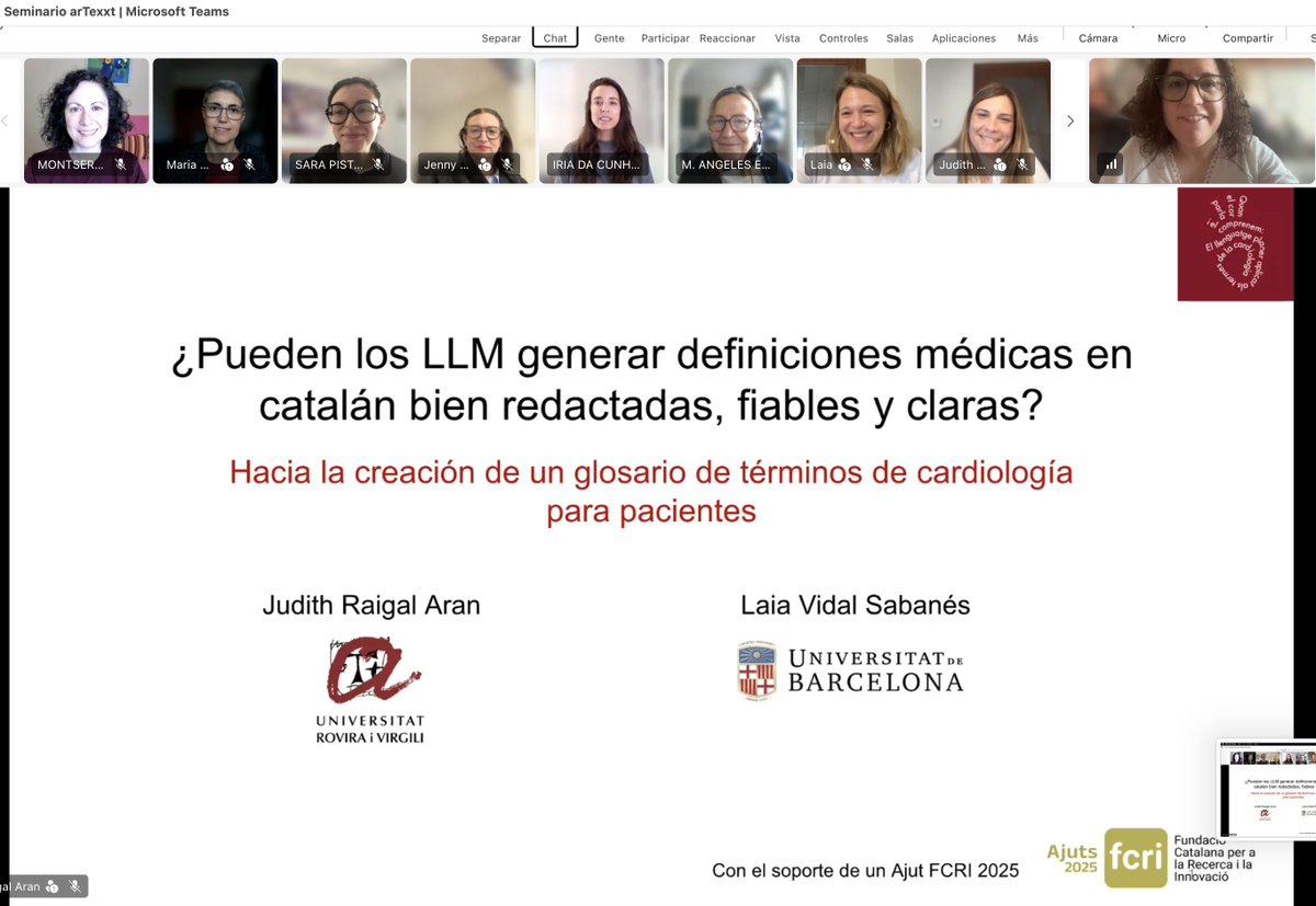 sistema_arText's tweet photo. 👥Seminario pre/posdoc #arText 2025/26 @UNED

@judith8ra (@universitatURV) y @Laia_V_S (@UniBarcelona) analizan la calidad de definiciones médicas en #LenguajeClaro en catalán generadas con LLMs en su proyecto de divulgación “Quan el cor parla i el comprenem” (Ajut FCRI 2025).👏 https://t.co/rNgYlLbRf0
