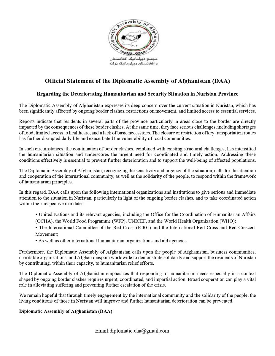 AssemblyDa30624's tweet photo. Official Statement of the Diplomatic Assembly of Afghanistan (DAA)

Regarding the Deteriorating Humanitarian and Security Situation in Nuristan Province
#Afghanistan #Nuristan
#UnitedNations #OCHA, #WFP, #UNICEF,  #WorldHealthOrganization 
#TheInternationalCommitteeoftheRedCross https://t.co/rcBrC1L9nt