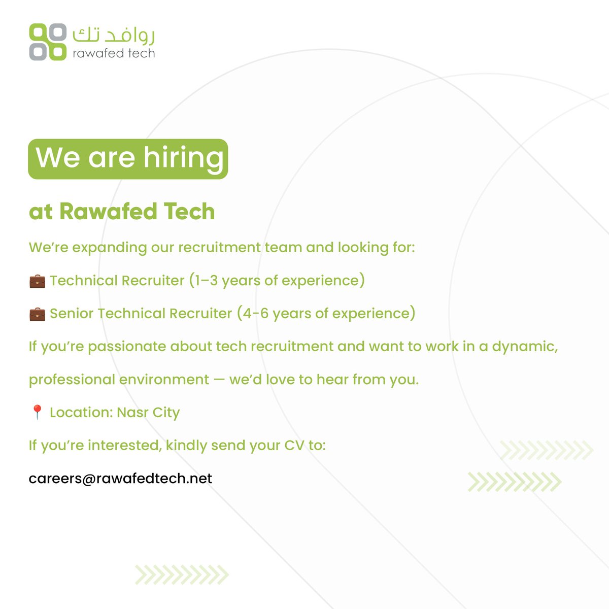 Rawafedtech's tweet photo. Join Our Journey!

If you’re interested, kindly send your CV to:
careers@rawafedtech.net https://t.co/OLPQRJSRMW