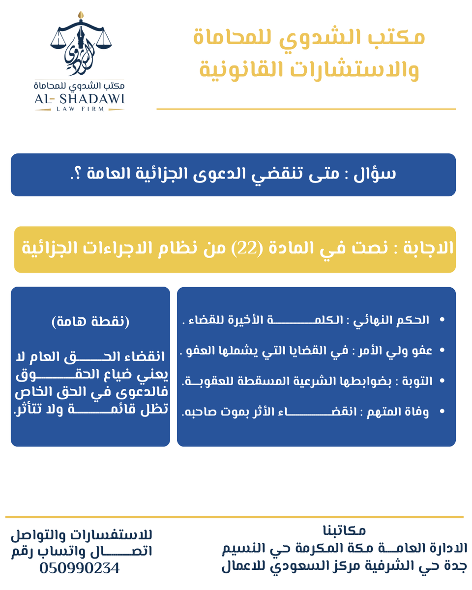 ALSHADAWI_LAW's tweet photo. متى تنقضي الدعوى الجزائية؟ ⚖️
تنقضي في الحالات التالية:
✔️ صدور حكم نهائي
✔️ العفو
✔️ التوبة (في بعض الجرائم)
✔️ وفاة المتهم
⚠️ تنبيه مهم:
انقضاء الحق العام لا يعني سقوط الحق الخاص!
للتواصل معنا 0560990234 
جدة مكة المكرمة 

#جدة #جدة_الآن #جدة_ترند
#مكة_الآن #حج_1447هـ https://t.co/3Q6t9EyRQl