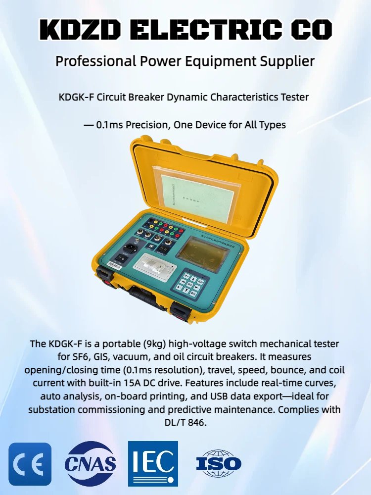 KDZDelectrical's tweet photo. KDGK-F HV switch tester: 0.1ms timing, 9kg, 15A DC drive, built-in printer, tests SF6/vacuum/oil breakers. Measures travel, speed, bounce, current.
#CircuitBreaker #Substation #HVTesting #FieldTech https://t.co/Df0V0gnMci
