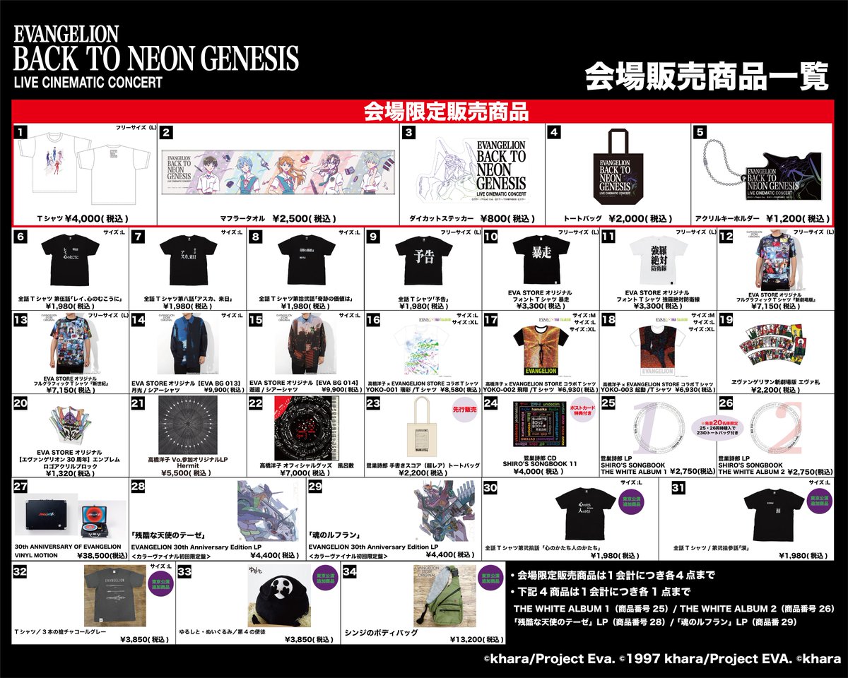 evangelion_co's tweet image. 【BACK TO NEON GENESIS 東京公演物販情報】

 いよいよ今週、4/19（日）東京国際フォーラム公演の物販詳細情報を更新！

 ■会場  
4/19（日）東京国際フォーラム ホールA
 
■物販場所
東京国際フォーラム ホールA
ロビーにて

■販売時間  
先行物販：12:30〜15:30（予定）